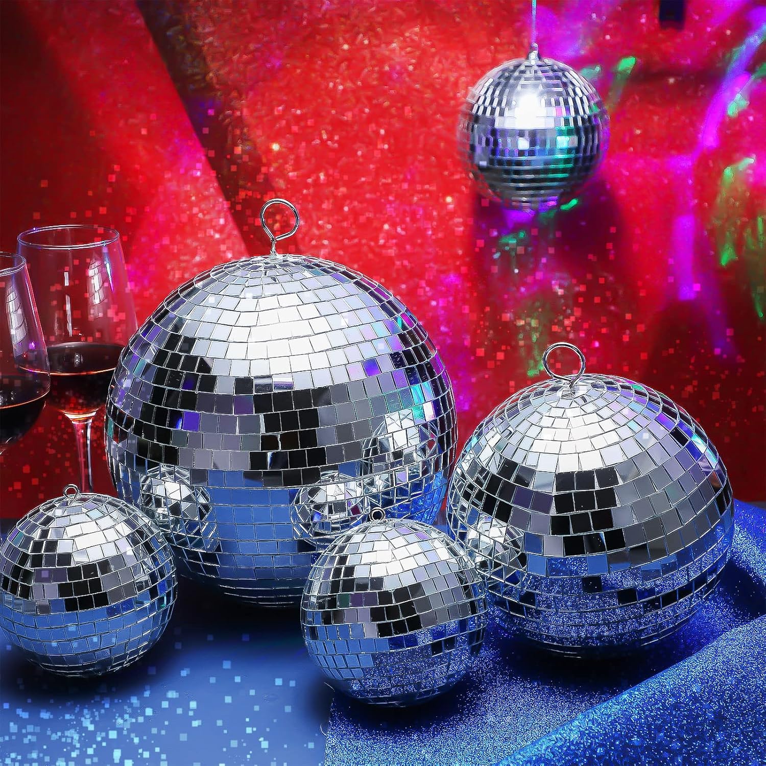 Haull 8 Pcs Large Disco Ball Set Silver Mirror Disco Reflective Ball with Hanging Ring Party Ornament Decoration for Stage Club Ballroom Dance Hall Wedding Prom Props(8''